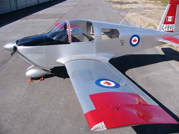 An American Aviation AA-1 Yankee (C-FBVQ) shows its leading edge.